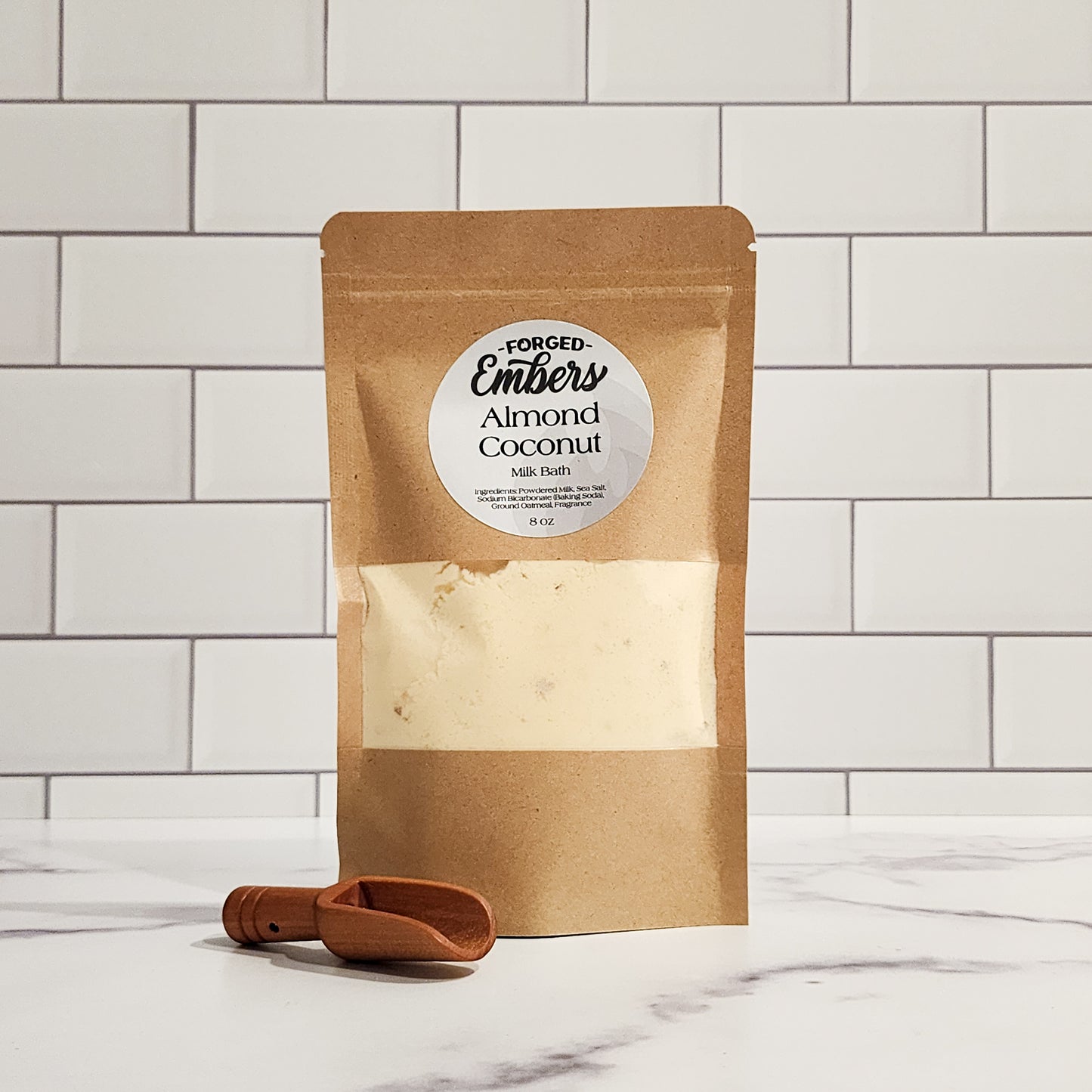 Almond Coconut Milk Bath with nourishing bath and body blend included wooden scoop.