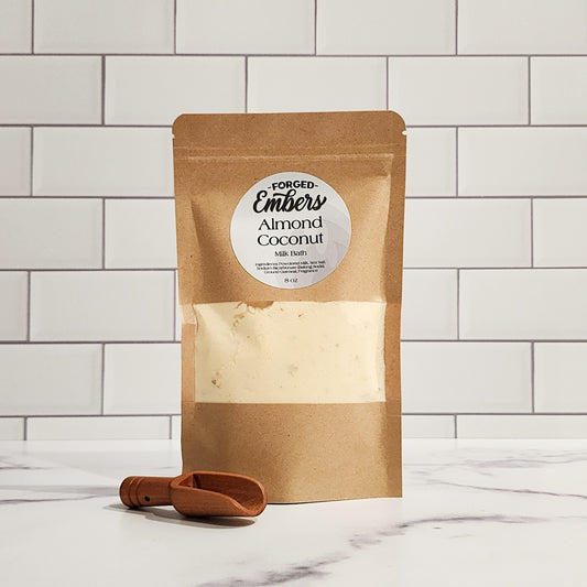 Almond Coconut Milk Bath with nourishing bath and body blend included wooden scoop.